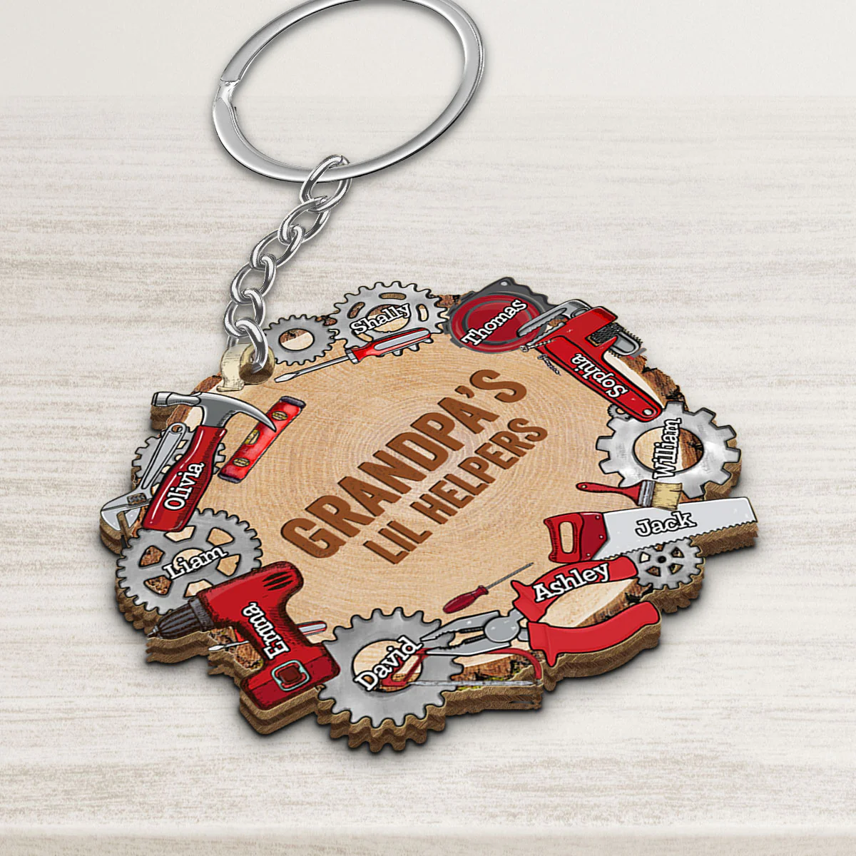 Dad Grandpa Lil Helpers Personalized Wooden Keychain - Image 3