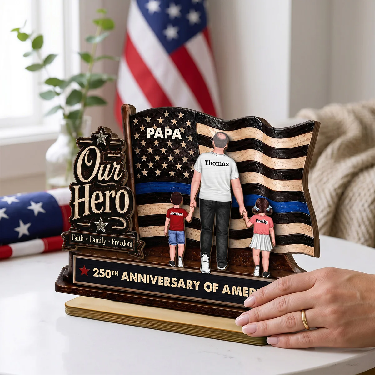 Dad Grandpa Our Hero American Flag 2D Flat - Personalized 2-Layered Wooden Plaque - Gift For Patriotic Dad, Grandpa, Husband - Image 4