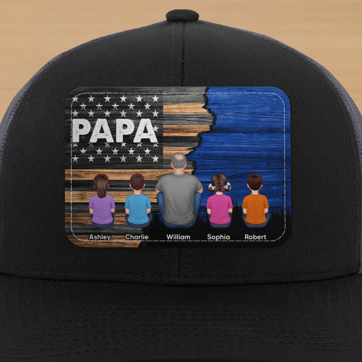 Dad Grandpa Papa Back View Sitting With Kids Half Nation Flag Personalized Leather Patch Hat - Image 15