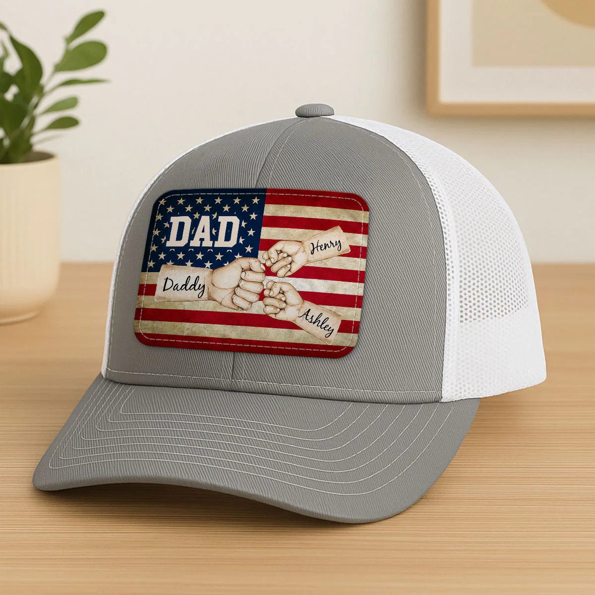 Dad Grandpa Papa Fist Bumps Nation Flag Personalized Leather Patch Hat - Image 2