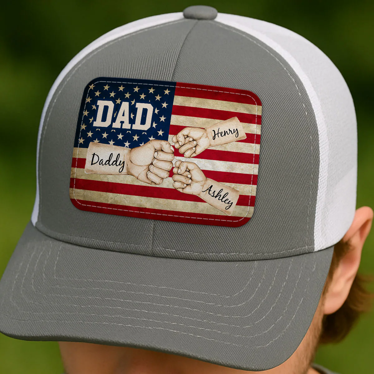 Dad Grandpa Papa Fist Bumps Nation Flag Personalized Leather Patch Hat - Image 4