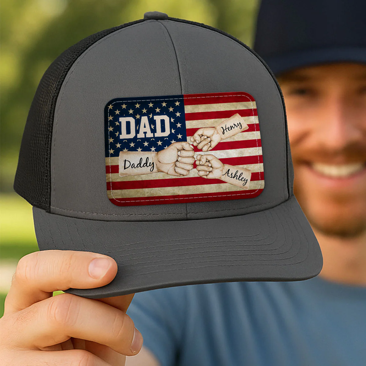 Dad Grandpa Papa Fist Bumps Nation Flag Personalized Leather Patch Hat - Image 5