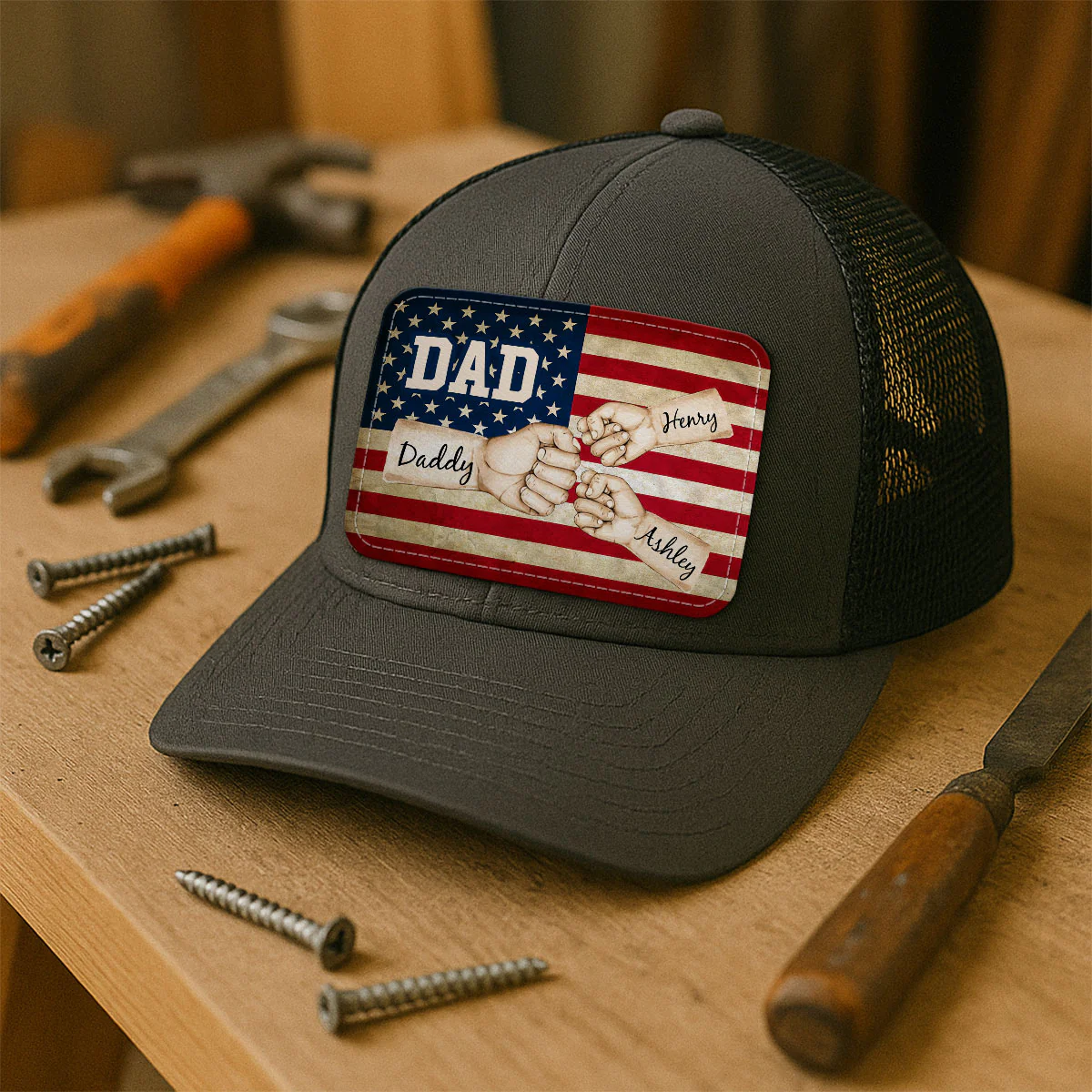 Dad Grandpa Papa Fist Bumps Nation Flag Personalized Leather Patch Hat - Image 7