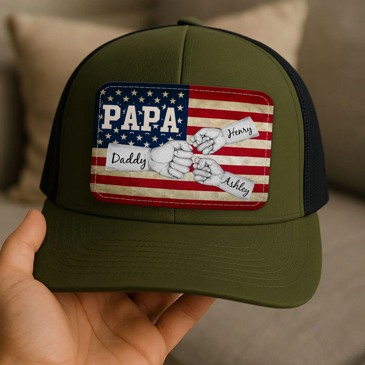 Dad Grandpa Papa Fist Bumps Nation Flag Personalized Leather Patch Hat - Image 8