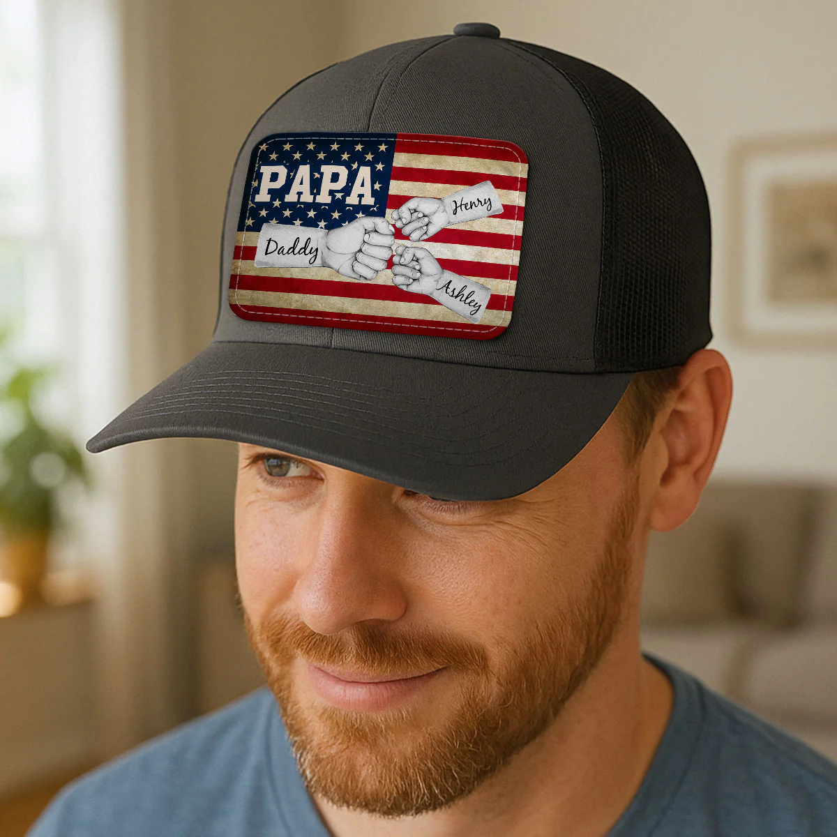Dad Grandpa Papa Fist Bumps Nation Flag Personalized Leather Patch Hat - Image 9