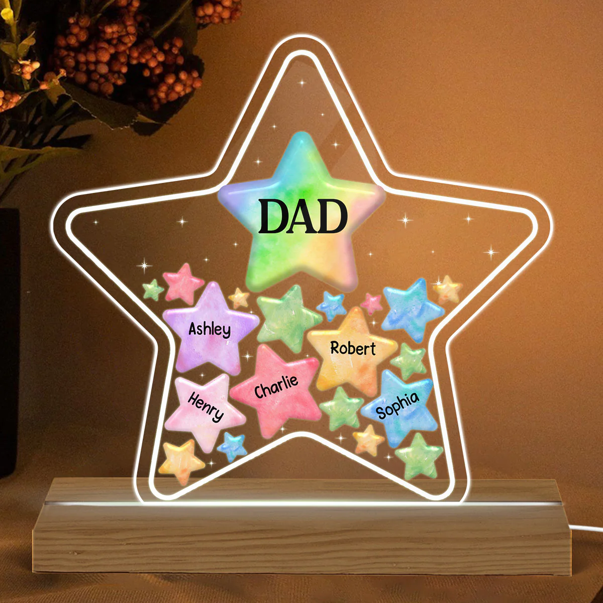 Dad Grandpa Stars In Star Colorful Personalized Warm Acrylic Custom Shape LED Night Light - Image 2