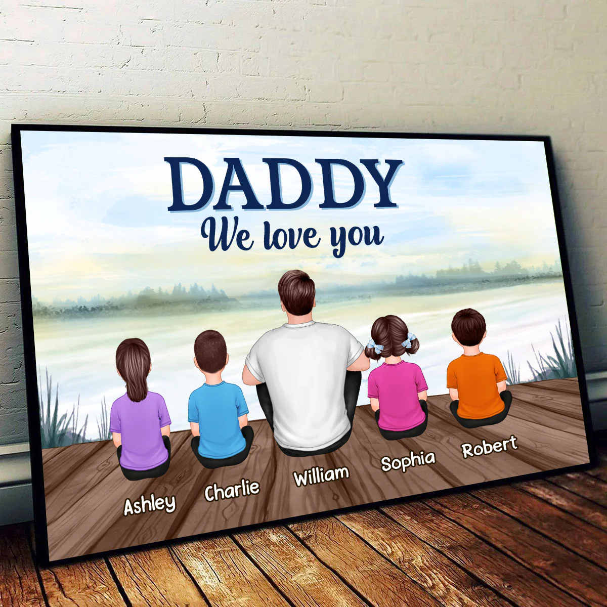 Dad Grandpa We Love You Back View Man & Kids Blue Theme Lake View Personalized Horizontal Poster - Image 2