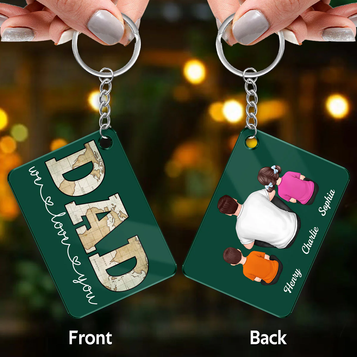 Dad Grandpa We Love You Map Pattern Back View Man Kids Dog Cat Personalized Acrylic Keychain - Image 3