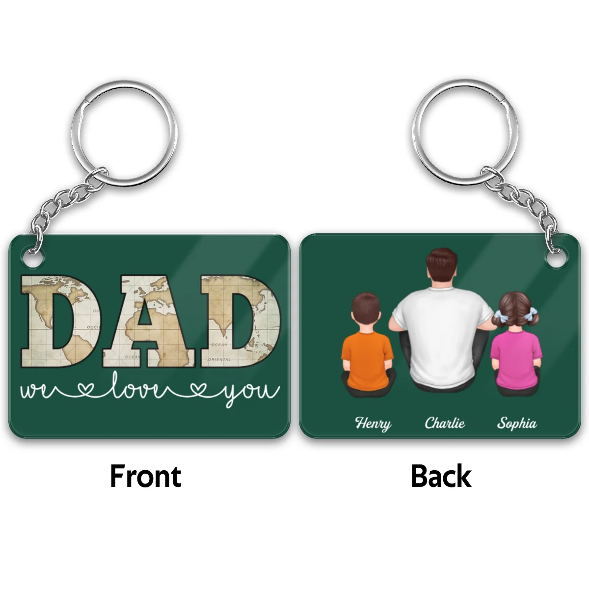 Dad Grandpa We Love You Map Pattern Back View Man Kids Dog Cat Personalized Acrylic Keychain - Image 4