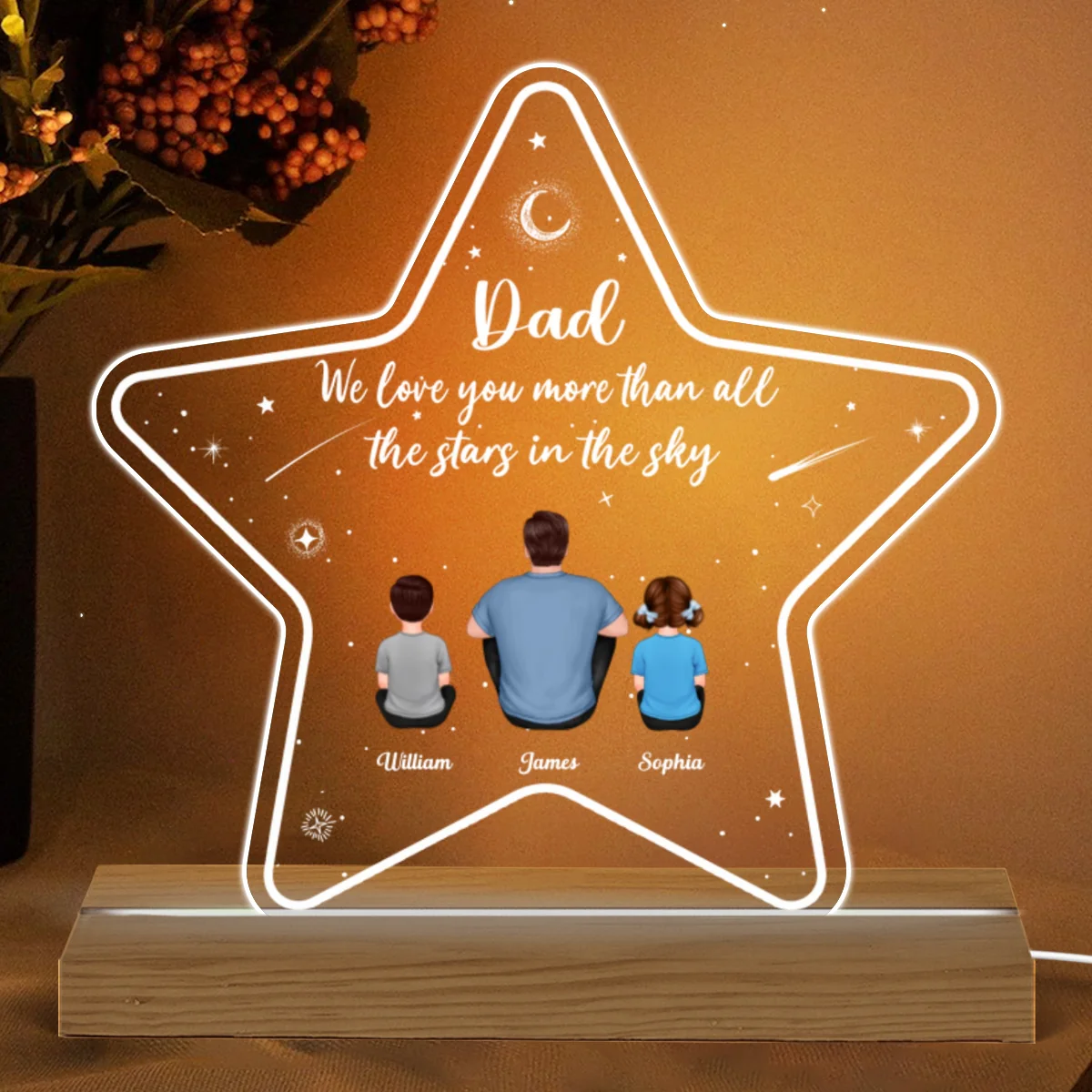 Dad Grandpa We Love You More Than The Stars In The Sky Personalized Custom Shape Acrylic Plaque Warm LED Night Light - Image 4