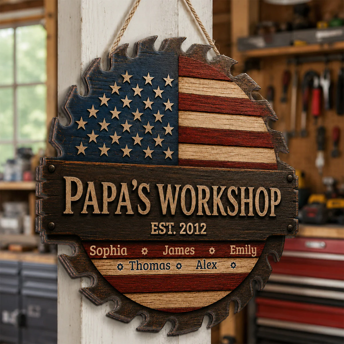 Dad Grandpa Workshop Nation Flag Theme - Personalized Wooden Garage Sign - Father's Day Gift For Patriotic Mechanic Dad, Grandpa - Image 2