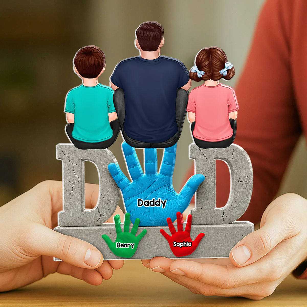 Dad Handprints Dad And Kids Sitting On Text Personalized Acrylic Block Plaque - Image 2