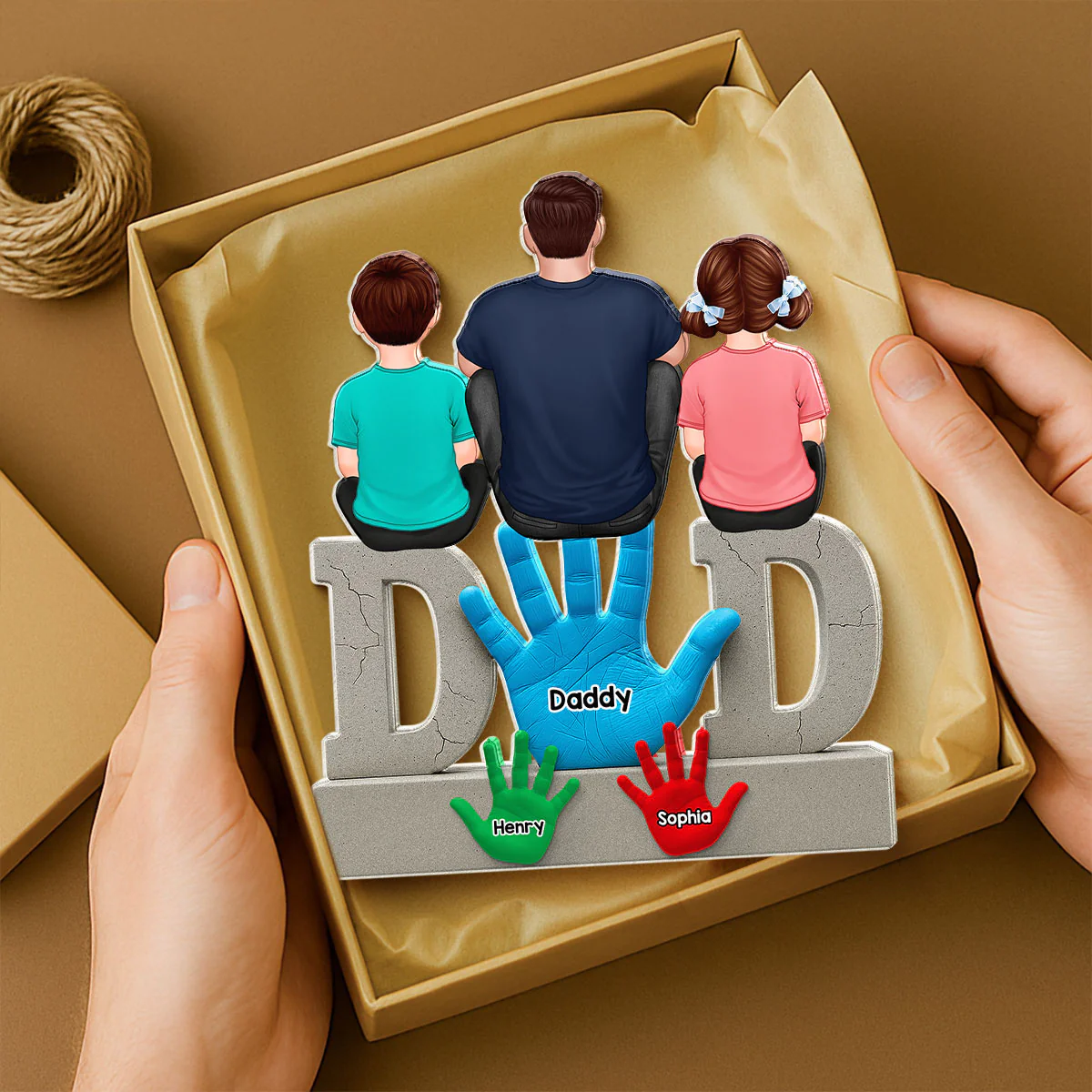 Dad Handprints Dad And Kids Sitting On Text Personalized Acrylic Block Plaque - Image 3