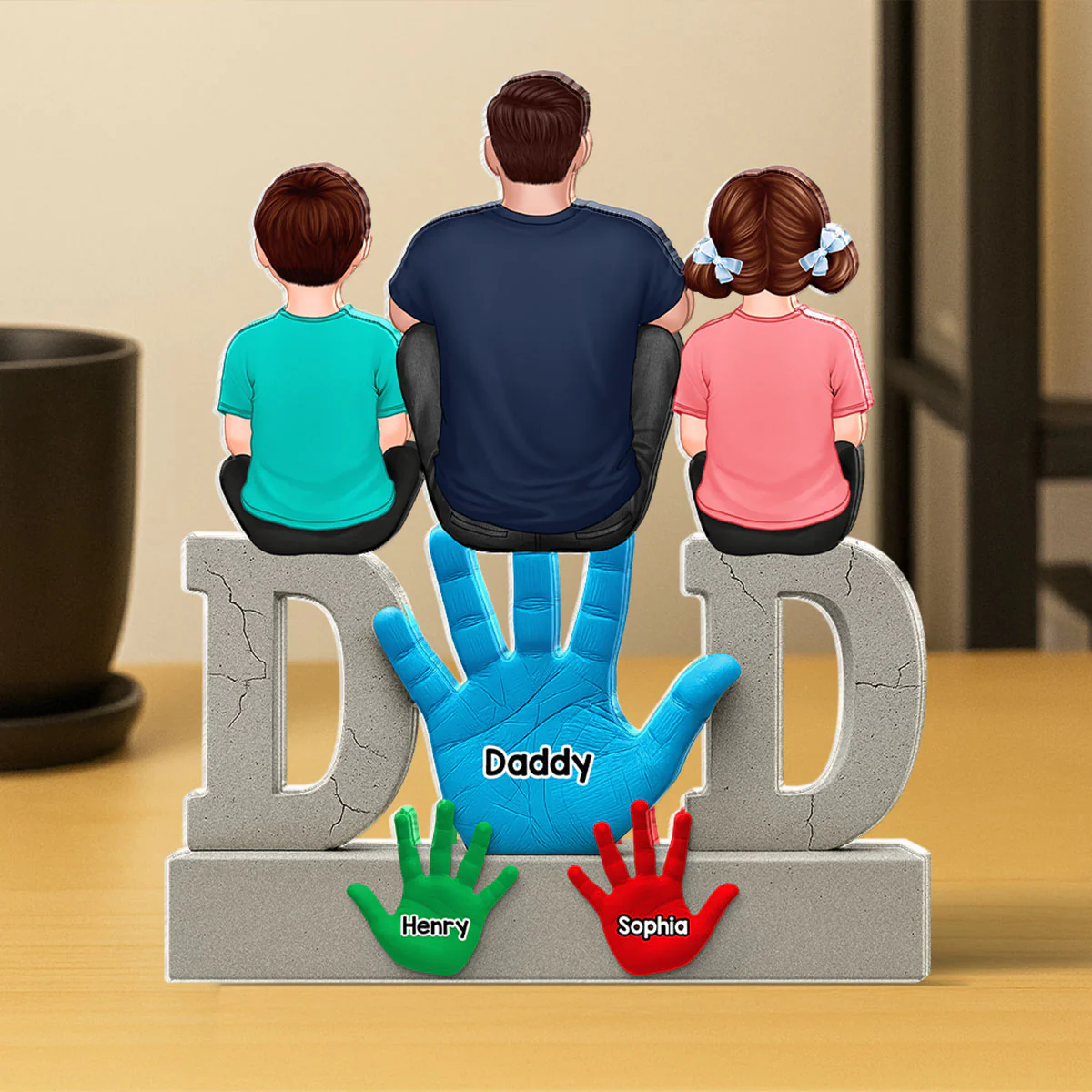 Dad Handprints Dad And Kids Sitting On Text Personalized Acrylic Block Plaque - Image 4