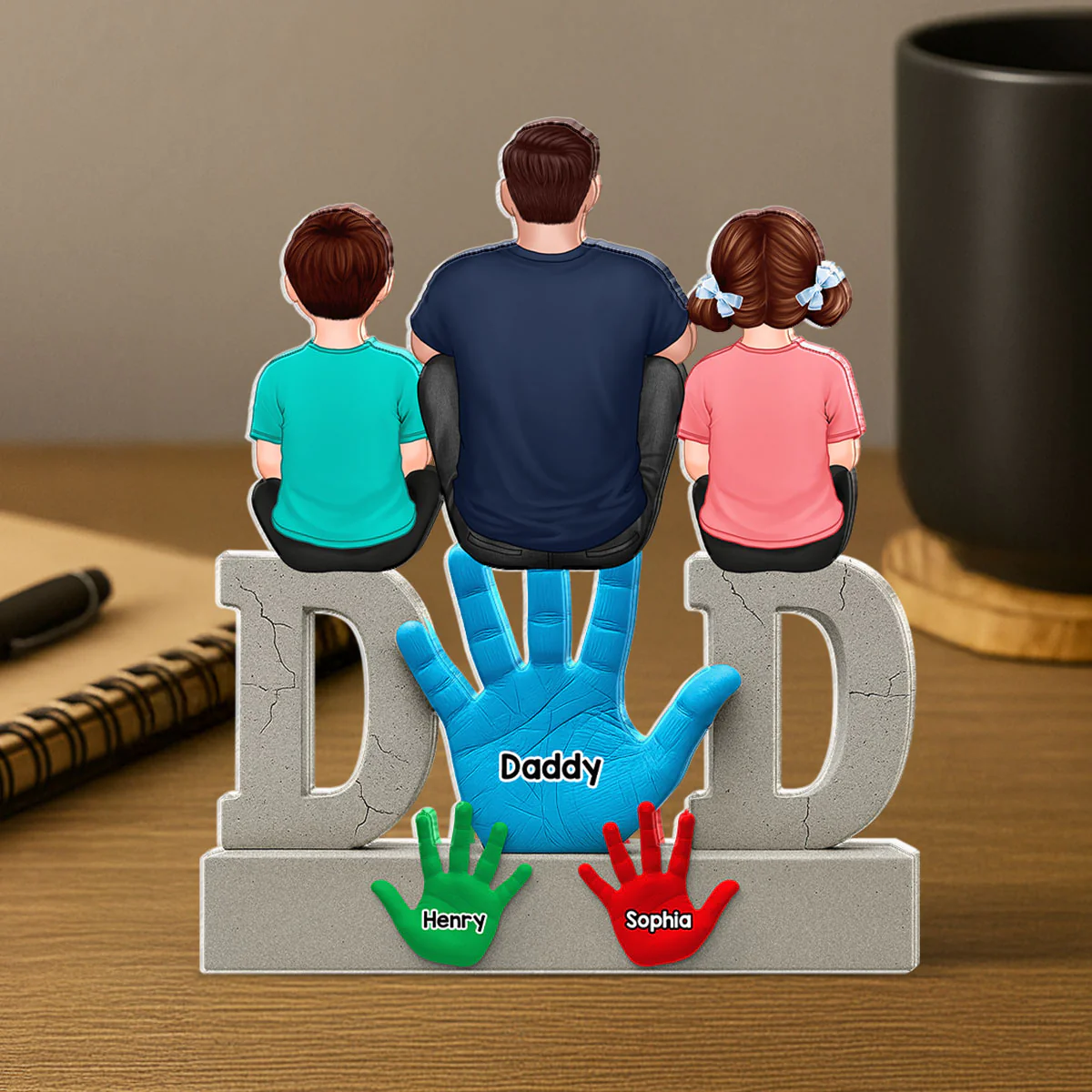 Dad Handprints Dad And Kids Sitting On Text Personalized Acrylic Block Plaque - Image 5