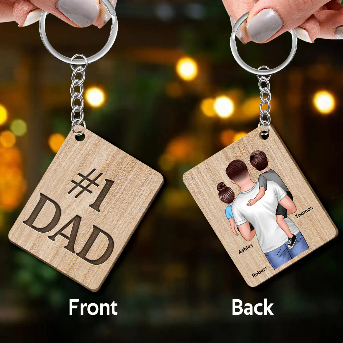 Dad Holding Kids Back View Personalized Wooden Keychain - Image 3