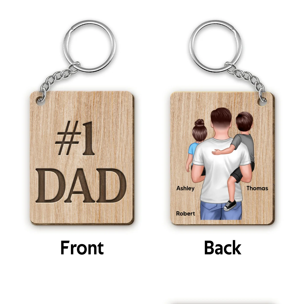 Dad Holding Kids Back View Personalized Wooden Keychain - Image 4
