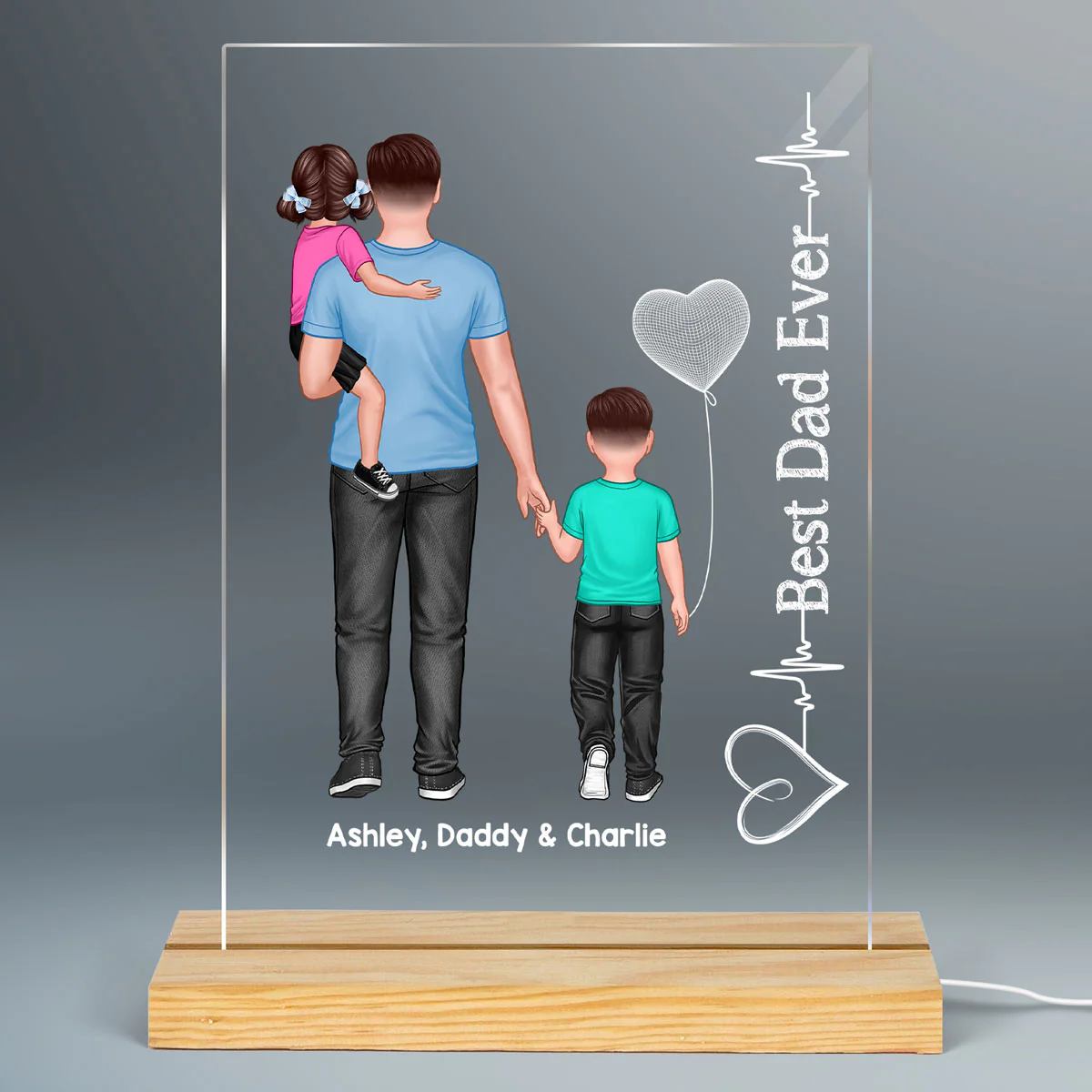 Dad Holding Kids Heart Beat Personalized Rectangle Acrylic LED Night Light - Image 2