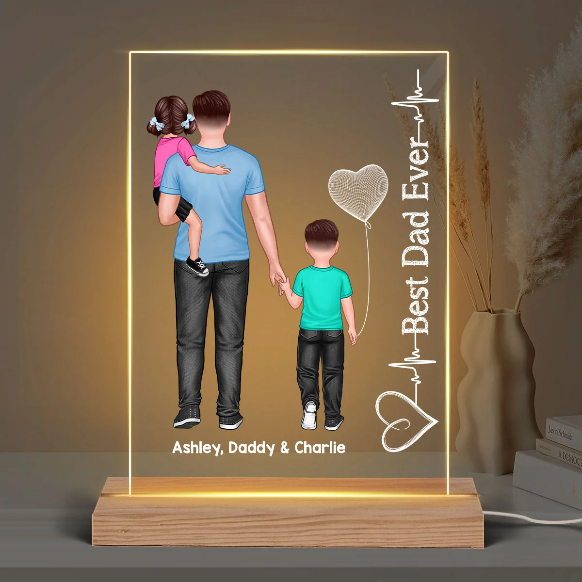 Dad Holding Kids Heart Beat Personalized Rectangle Acrylic LED Night Light - Image 3