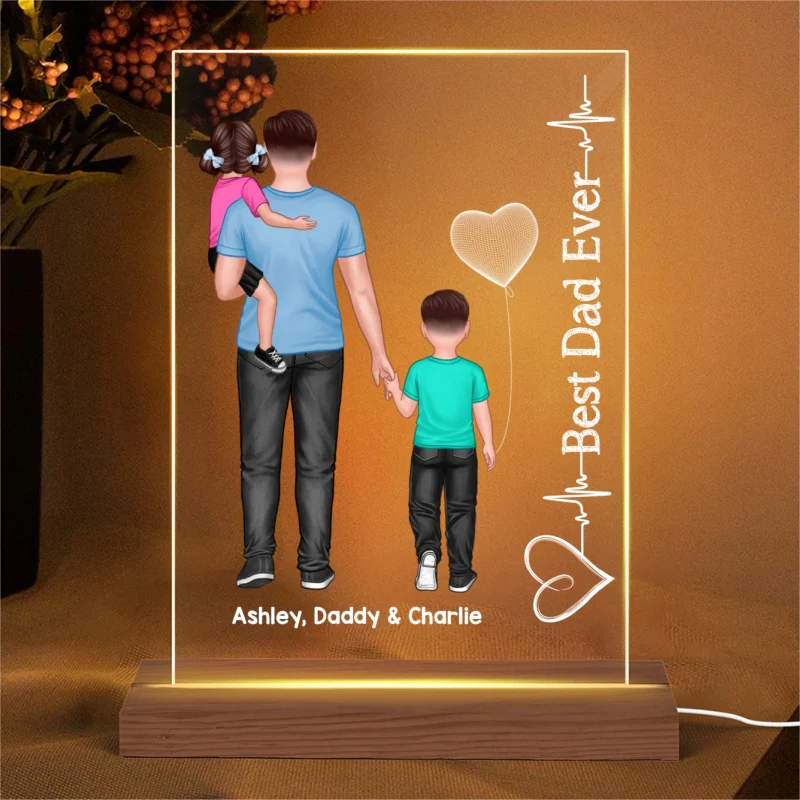 Dad Holding Kids Heart Beat Personalized Rectangle Acrylic LED Night Light - Image 4
