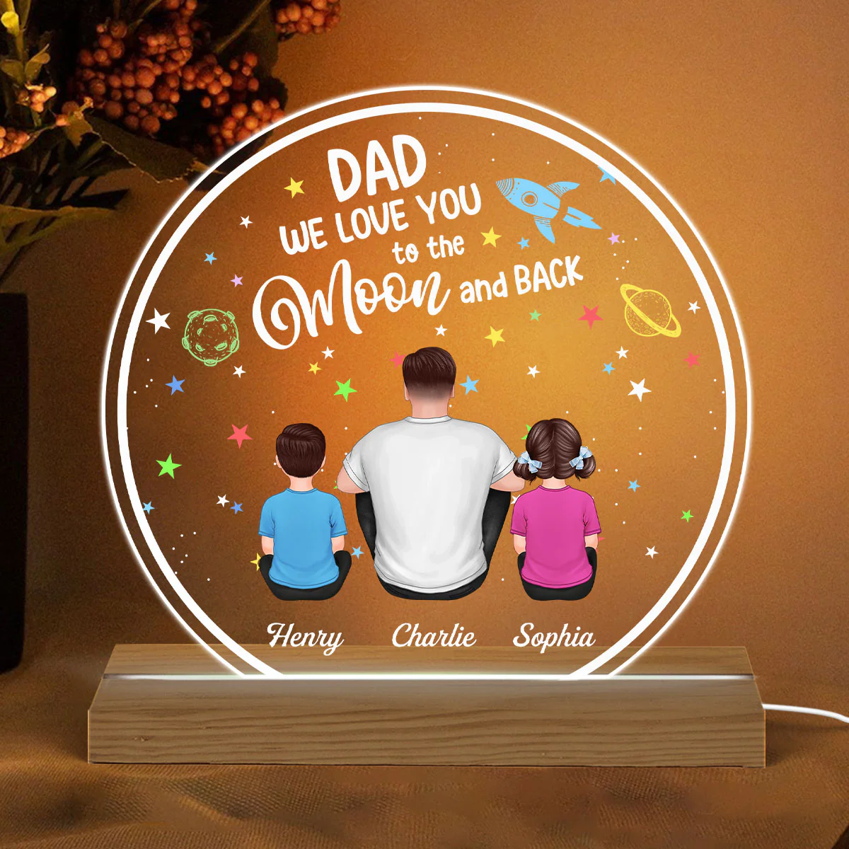 Dad I Love You To The Moon And Back Back View Man Sitting With Kids Dogs Cats Personalized Custom Shape Acrylic Plaque Warm LED Night Light - Image 2