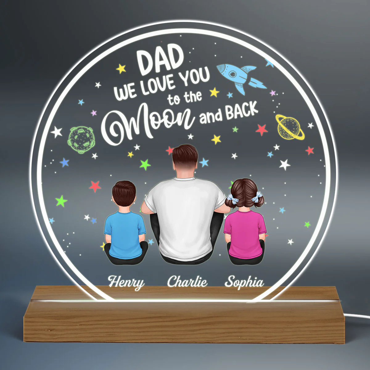 Dad I Love You To The Moon And Back Back View Man Sitting With Kids Dogs Cats Personalized Custom Shape Acrylic Plaque Warm LED Night Light - Image 3