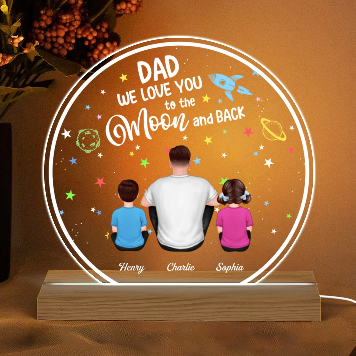 Dad I Love You To The Moon And Back Back View Man Sitting With Kids Dogs Cats Personalized Custom Shape Acrylic Plaque Warm LED Night Light - Image 4