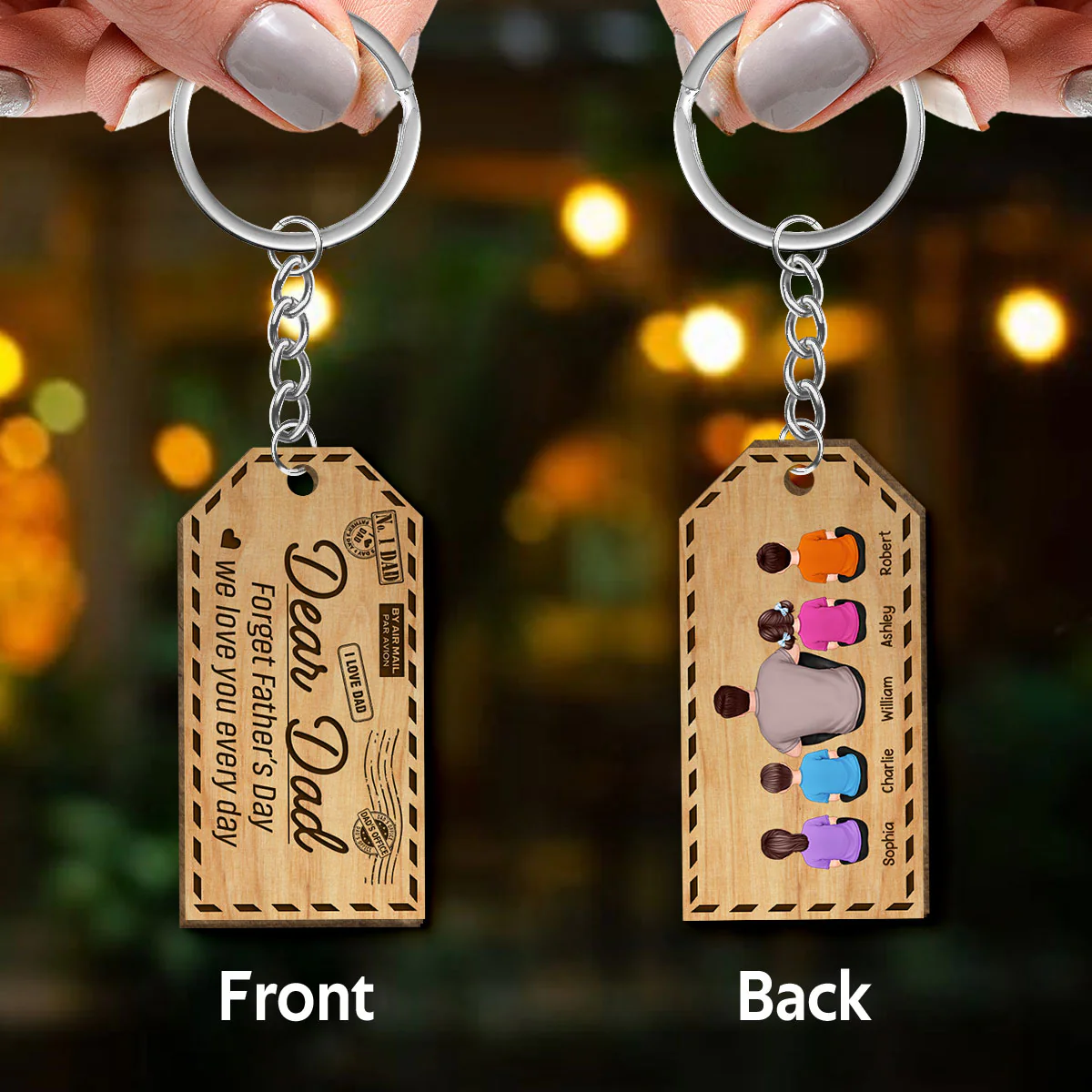 Dad Kids Dogs Cats Back View Envelope Personalized Wooden Keychain - Image 3
