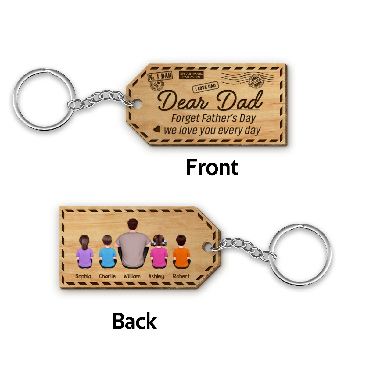 Dad Kids Dogs Cats Back View Envelope Personalized Wooden Keychain - Image 4