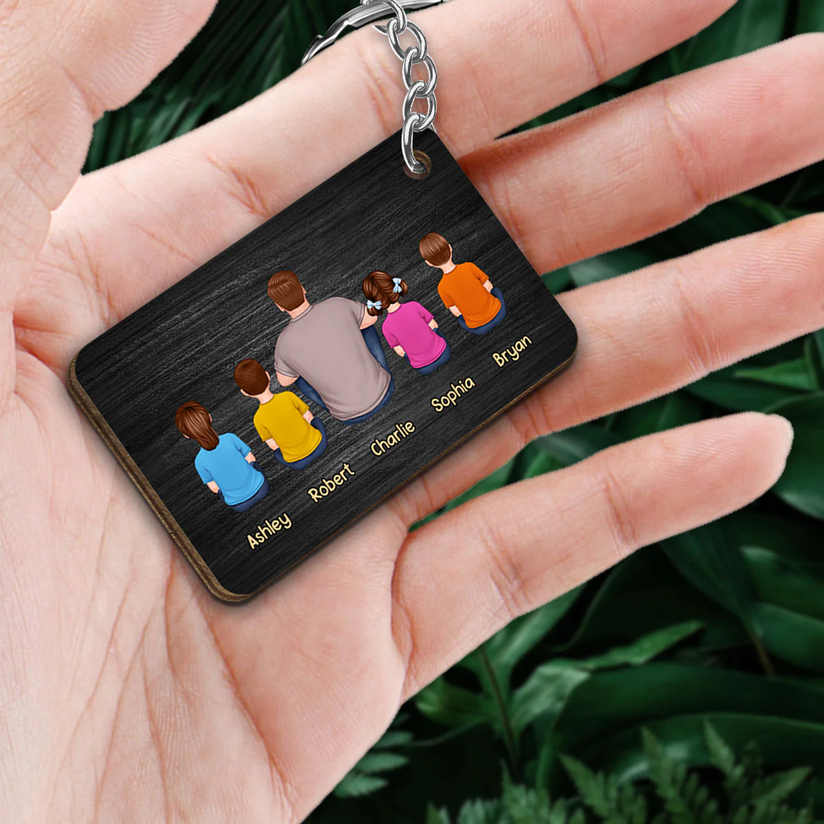 Dad Kids Dogs Cats Retro And Black Background Personalized Wooden Keychain - Image 2