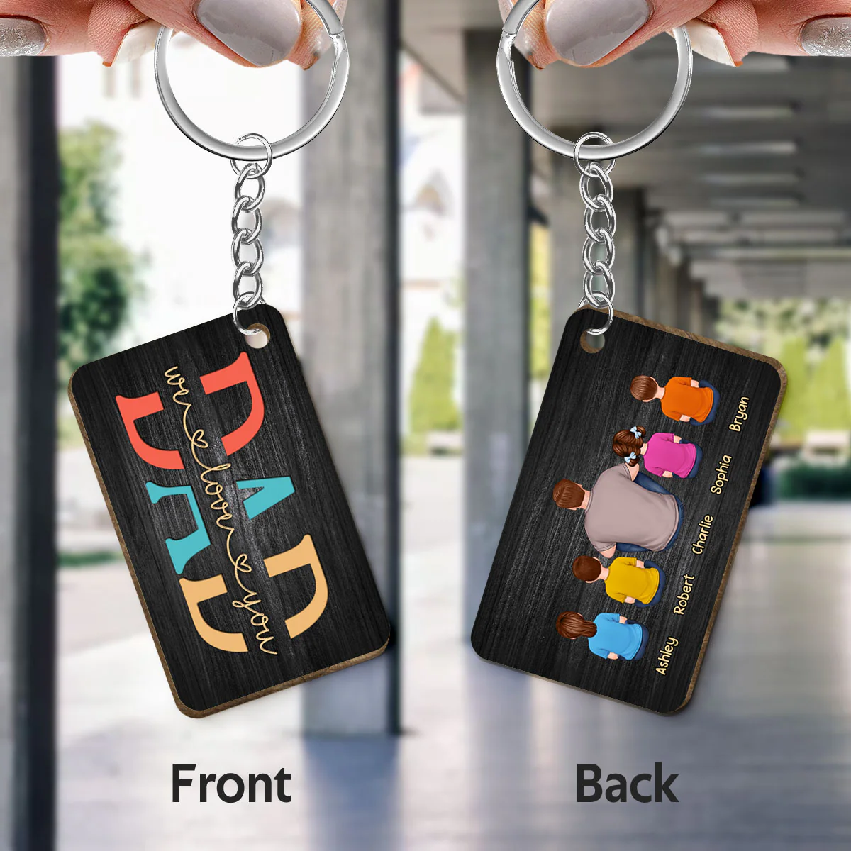 Dad Kids Dogs Cats Retro And Black Background Personalized Wooden Keychain - Image 3