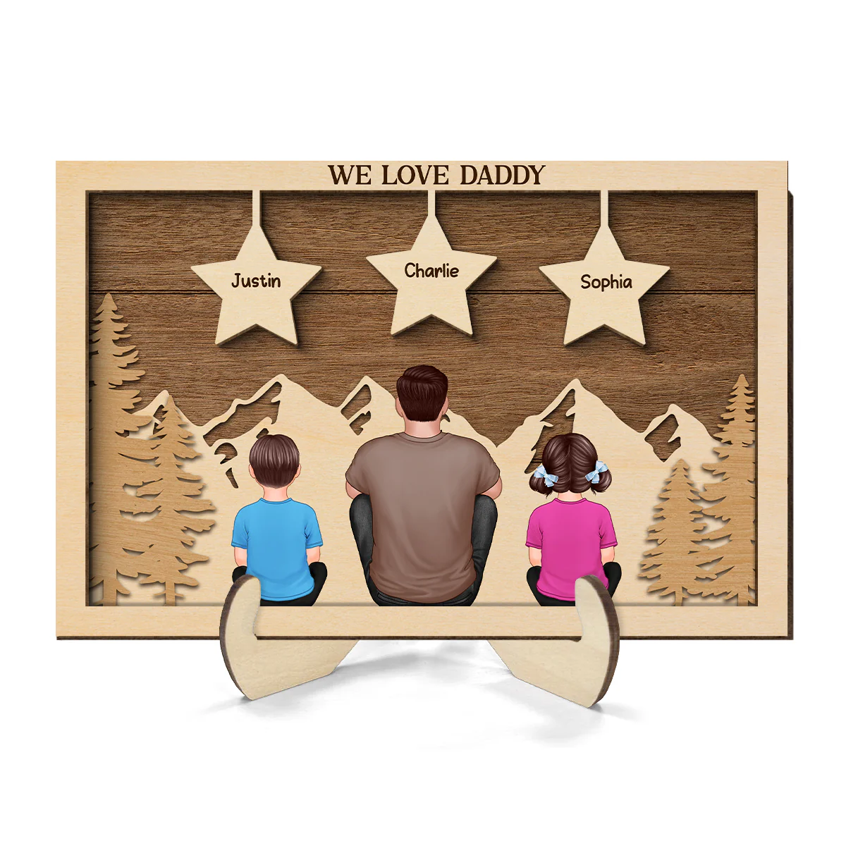 Dad Man Kids Dogs Cats Sitting Back View Forest Stars Personalized 2-Layer Wooden Plaque