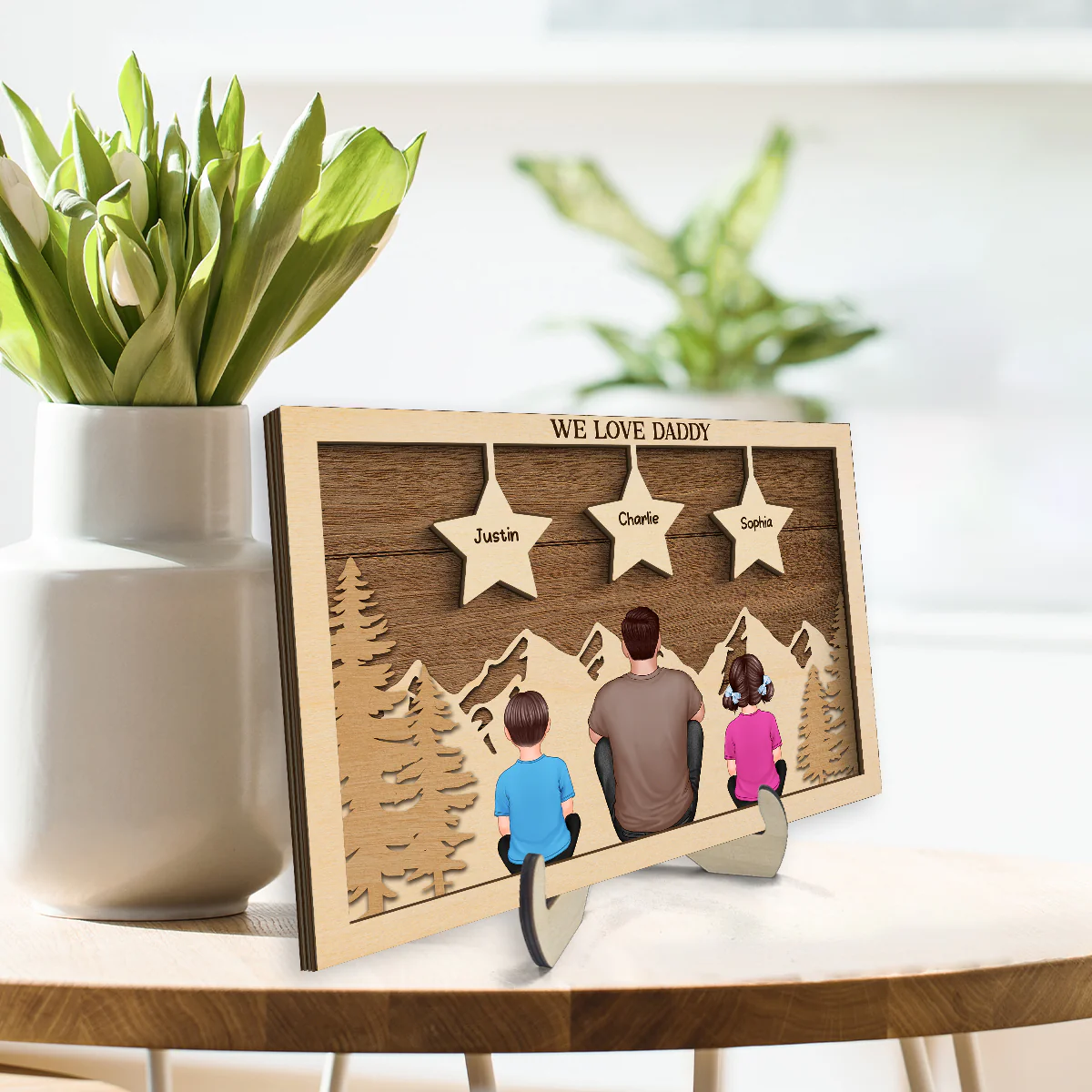 Dad Man Kids Dogs Cats Sitting Back View Forest Stars Personalized 2-Layer Wooden Plaque - Image 3