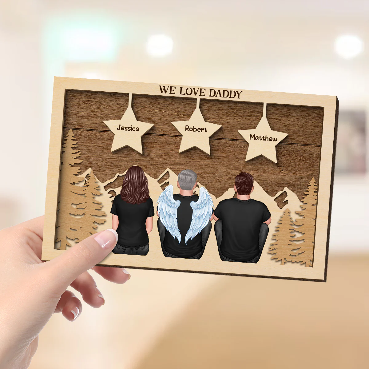 Dad Man Kids Dogs Cats Sitting Back View Forest Stars Personalized 2-Layer Wooden Plaque - Image 4