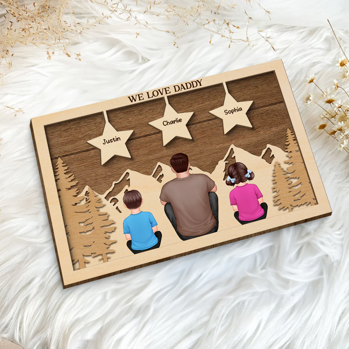 Dad Man Kids Dogs Cats Sitting Back View Forest Stars Personalized 2-Layer Wooden Plaque - Image 5
