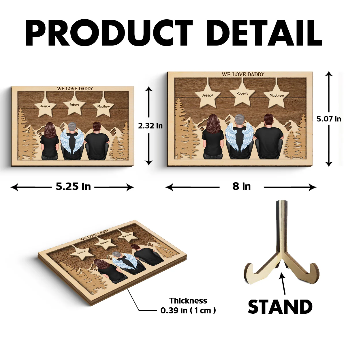 Dad Man Kids Dogs Cats Sitting Back View Forest Stars Personalized 2-Layer Wooden Plaque - Image 6