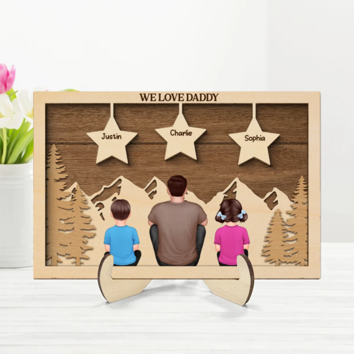 Dad Man Kids Dogs Cats Sitting Back View Forest Stars Personalized 2-Layer Wooden Plaque - Image 8