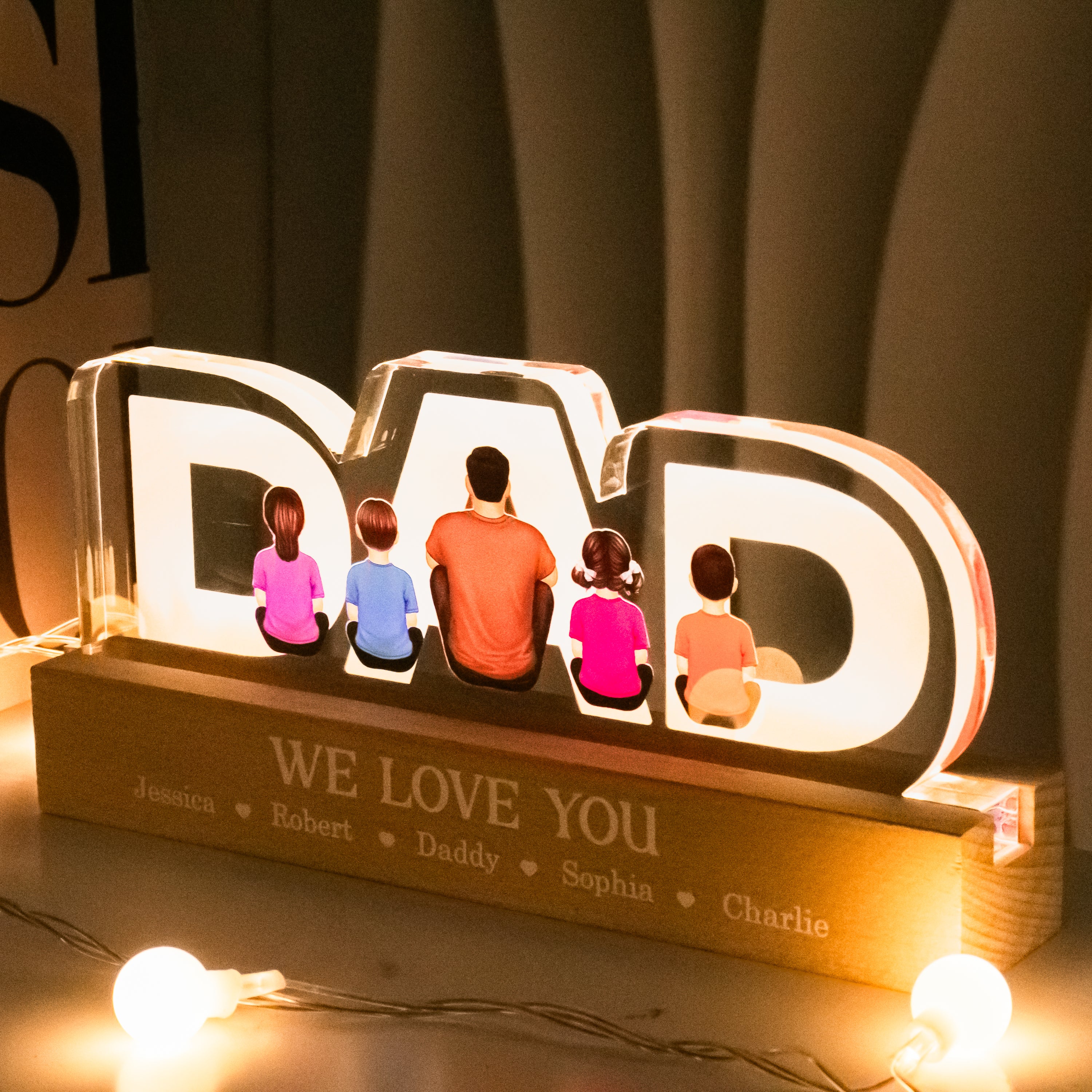 DAD Family Sitting Back View Personalized Acrylic LED Night Light, Father's Day Gift For Dad, Gift For Husband - Image 5