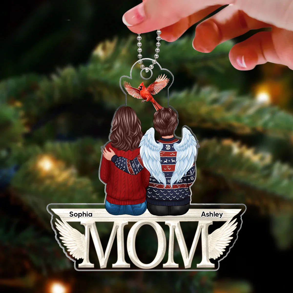 Dad Mom Cardinal Memorial Sitting On Text Personalized Custom Shape Acrylic Ornament - Image 3