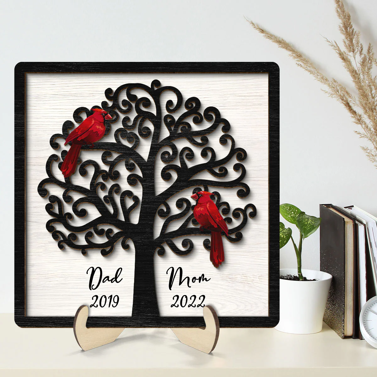 Dad Mom Cardinal Tree Personalized 2-Layer Wooden Plaque - Image 2
