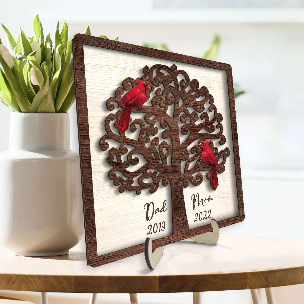 Dad Mom Cardinal Tree Personalized 2-Layer Wooden Plaque - Image 3