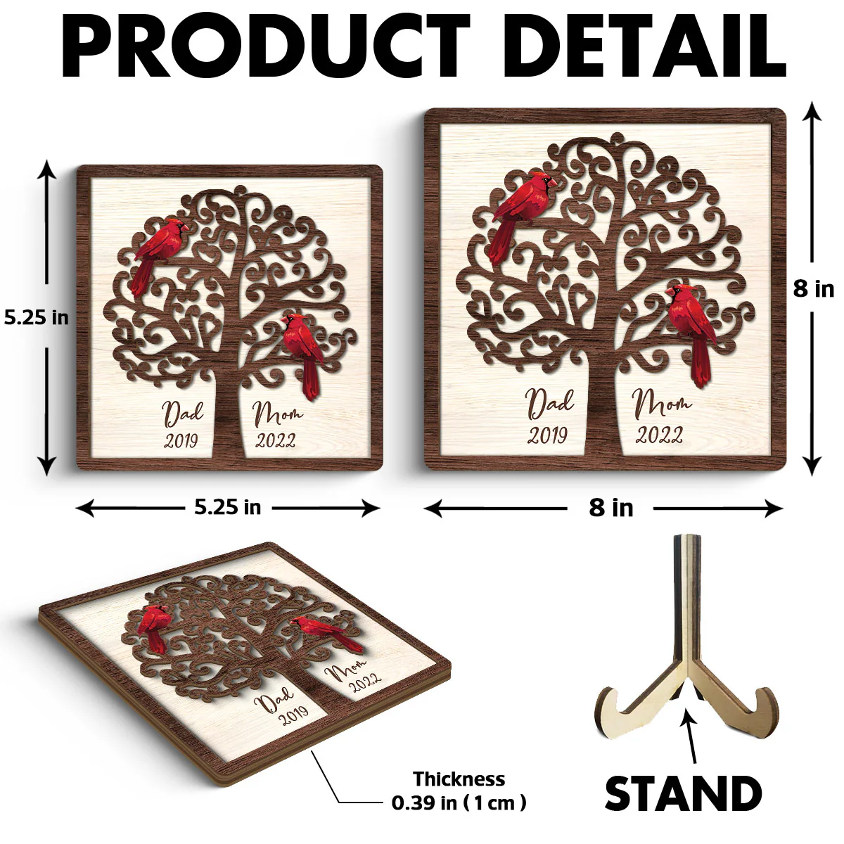 Dad Mom Cardinal Tree Personalized 2-Layer Wooden Plaque - Image 6