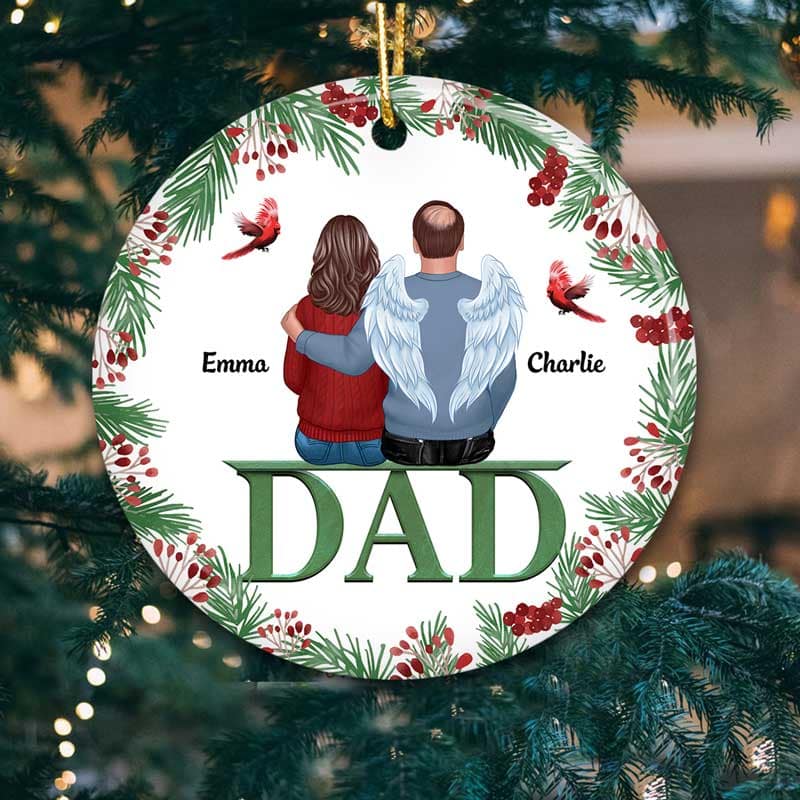 Dad Mom Memorial On Text Holly Branch Personalized Ornament - Image 2