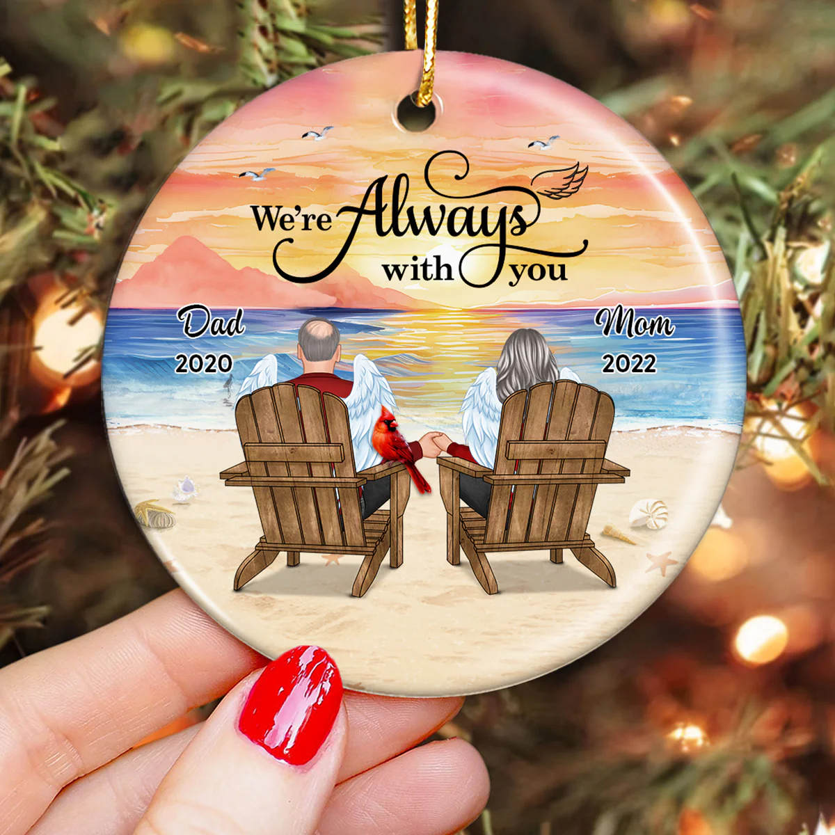 Dad Mom Sitting On Chair At Beach Memorial Keepsake Personalized Circle Ornament - Image 3