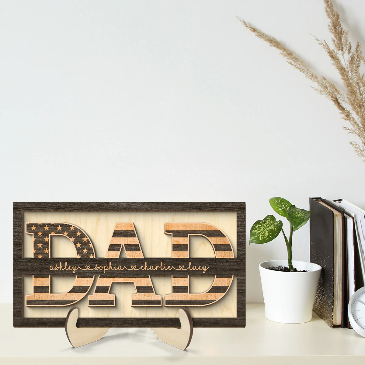 Dad Nation Flag With Kids Names Personalized 2-Layer Wooden Plaque - Image 2