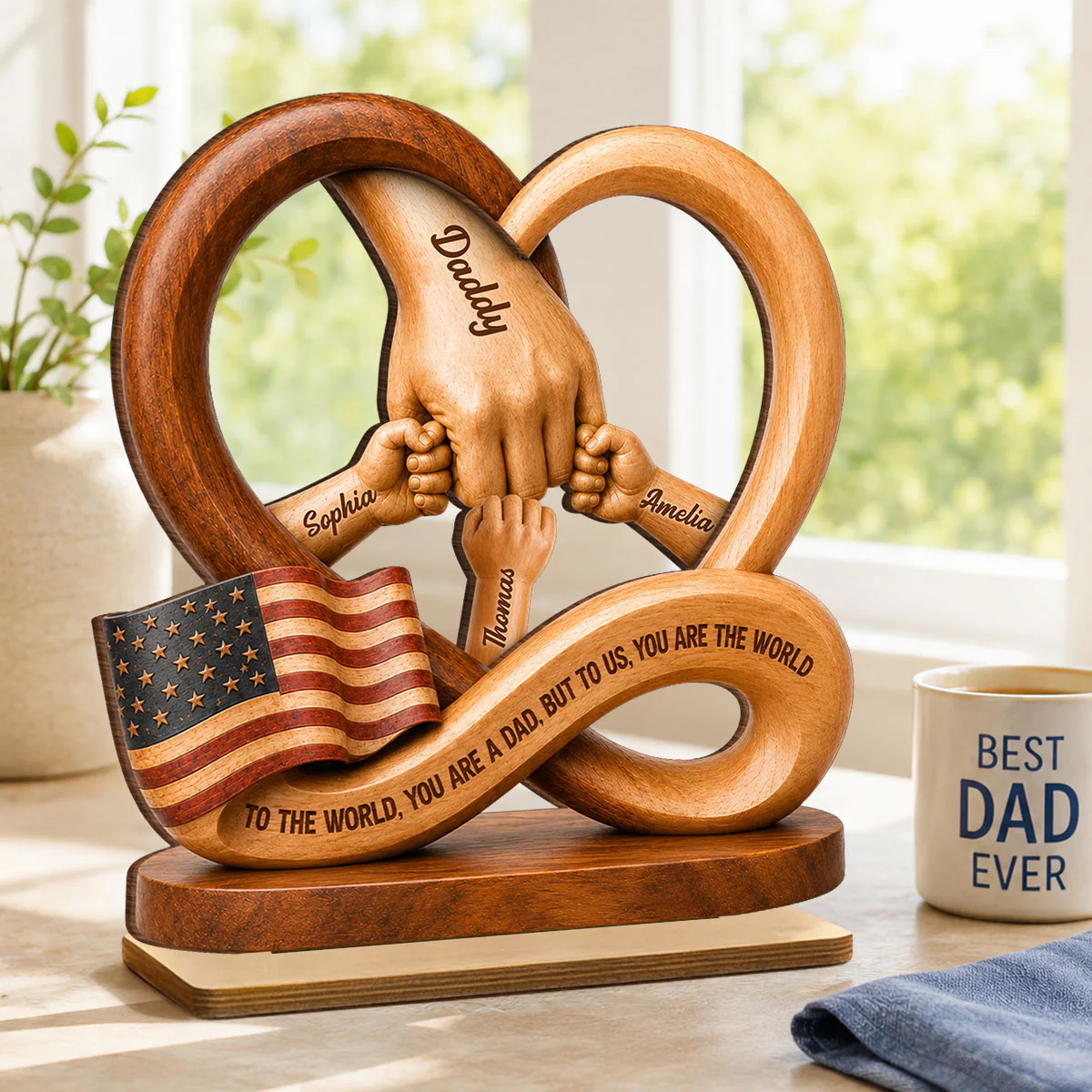 Dad to Us You Are the World - Personalized 2-Layered Wooden Plaque - Gift for Dad, Husband - Image 3