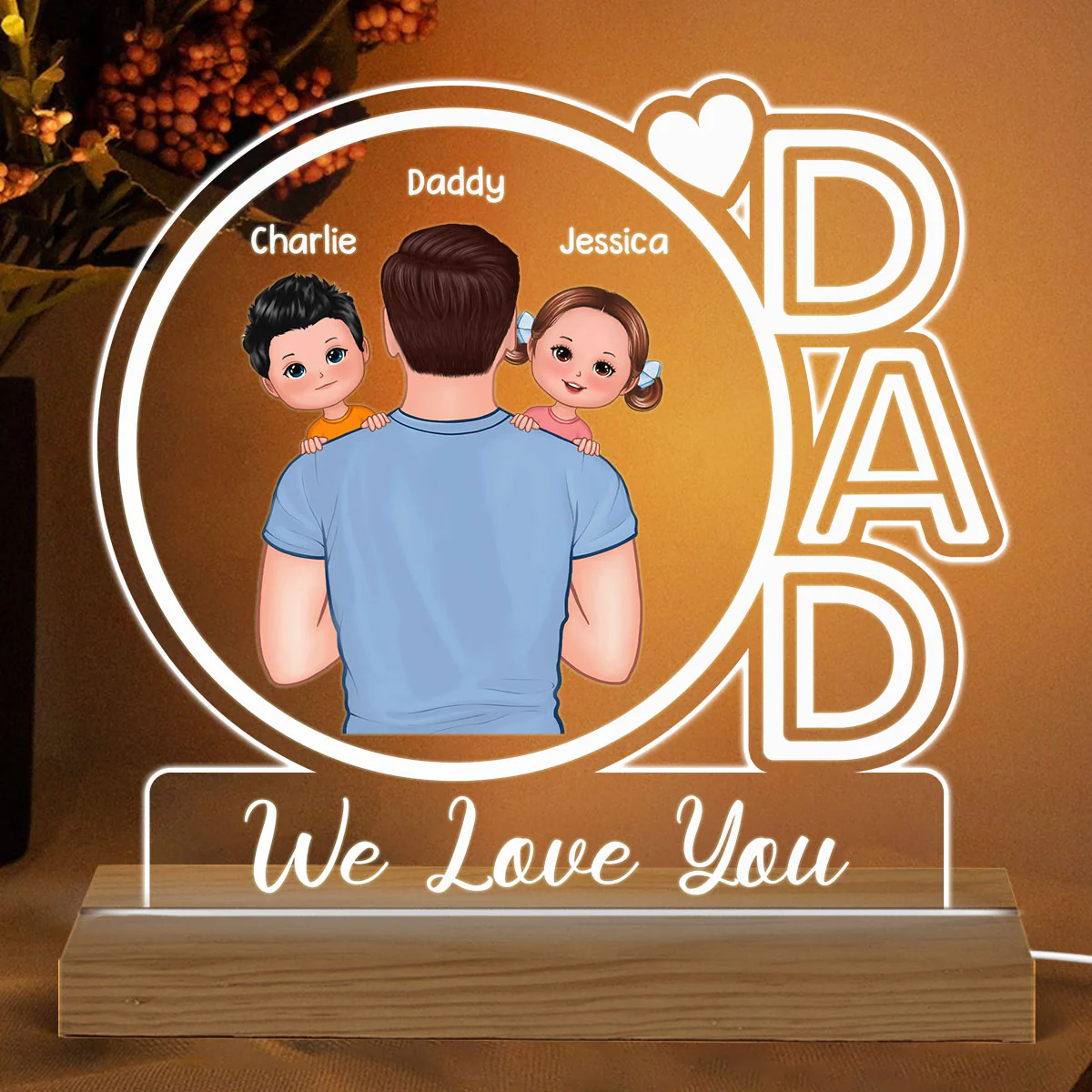 Dad We Love You Back View Dad Holding Kids Personalized Custom Shape Acrylic Plaque With Warm LED Night Light - Image 2