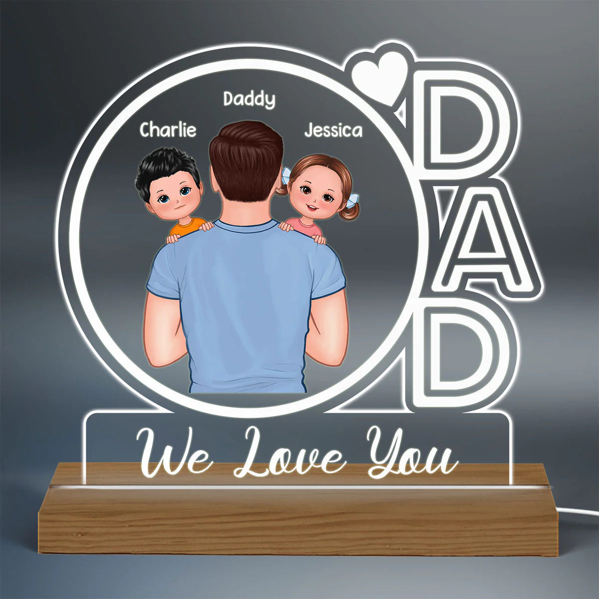 Dad We Love You Back View Dad Holding Kids Personalized Custom Shape Acrylic Plaque With Warm LED Night Light - Image 3