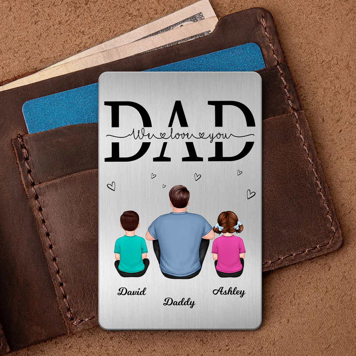 Dad We Love You Back View Sitting Father Kids Dog Cat Personalized Metal Wallet Card - Image 3