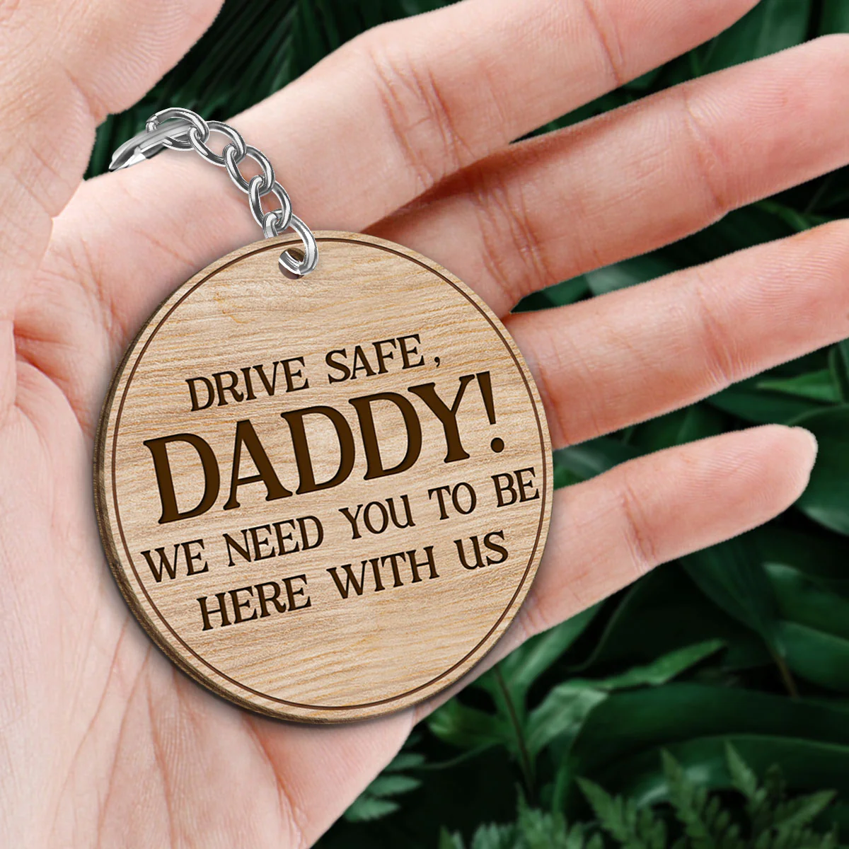 Dad We Love You Back View Sitting Man Kids Dog Cat Personalized Round Wooden Keychain - Image 2